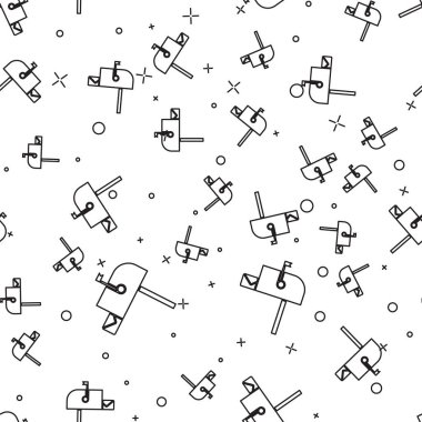 Black line Open mail box icon isolated seamless pattern on white background. Mailbox icon. Mail postbox on pole with flag.  Vector Illustration