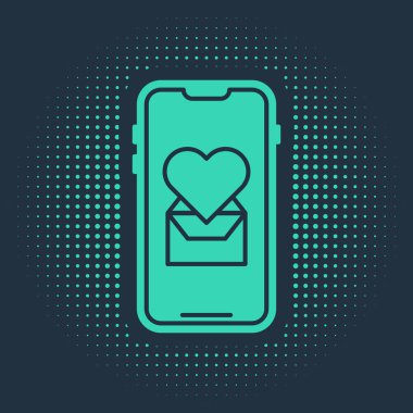 Mavi arka planda kalp ikonu olan yeşil cep telefonu. Sevgililer Günü. Soyut çember rastgele noktalar. Vektör İllüstrasyonu