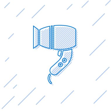 Mavi çizgi saç kurutma ikonu beyaz arkaplanda izole edildi. Saç kurutma makinesi tabelası. Saç kurutma sembolü. Sıcak hava üflüyor. Vektör İllüstrasyonu