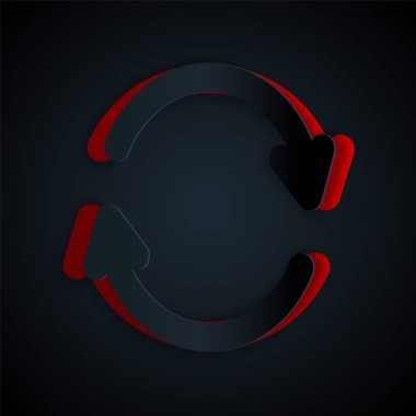 Kağıt kesiği ikonu siyah arkaplanda izole edildi. Sembolü yeniden yükle. Döndürme okları daire işareti şeklinde. Kağıt sanatı tarzı. Vektör İllüstrasyonu