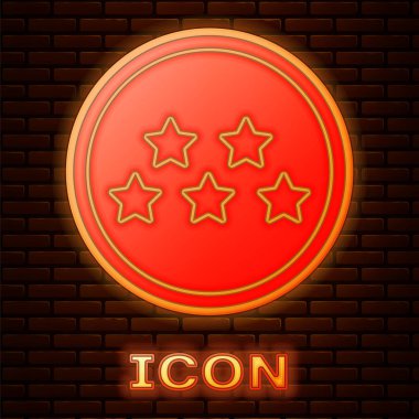 Glowing neon Five stars customer product rating review icon isolated on brick wall background. Favorite, best rating, award symbol.  Vector Illustration