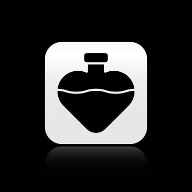 Siyah arka planda izole edilmiş aşk iksiri ikonu olan siyah şişe. Sevgililer Günü sembolü. Gümüş kare düğme. Vektör İllüstrasyonu