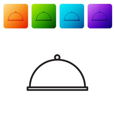 Beyaz arka planda izole edilmiş bir tepsi yiyecek ikonu ile kaplanmış siyah çizgi. Tepsi ve kapak. Kapaklı bir restoran saati. Mutfak eşyaları sembolü. Renkli kare düğmelerle simgeleri ayarla. Vektör İllüstrasyonu