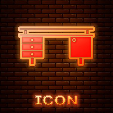 Parlayan neon ofis masası simgesi tuğla duvar arkasında izole edildi. Vektör İllüstrasyonu