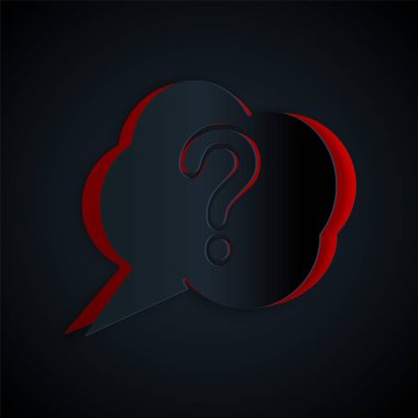 Kağıt kesiği konuşma balonu ve Soru simgesi siyah arkaplanda izole edildi. Faq işareti. Dosyaları kopyala, konuşma balonu ve grafiğini çıkar. Kağıt sanatı tarzı. Vektör İllüstrasyonu