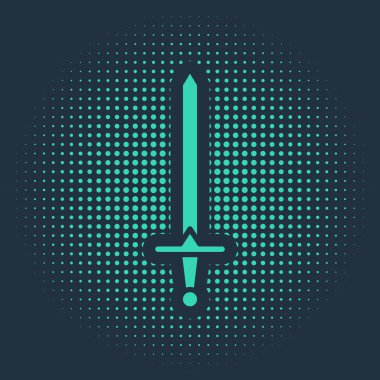 Mavi arka planda yeşil ortaçağ kılıç simgesi izole edildi. Ortaçağ silahı. Soyut çember rastgele noktalar. Vektör İllüstrasyonu