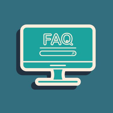 Mavi arkaplanda izole edilmiş Faq bilgi simgesi içeren yeşil bilgisayar monitörü. Sık sık sorulan sorular. Uzun gölge tarzı. Vektör İllüstrasyonu