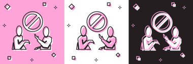 Plastik kirliliği durdurma simgesini pembe beyaz ve siyah arkaplanda izole edin. Ekolojik poster. Vektör İllüstrasyonu