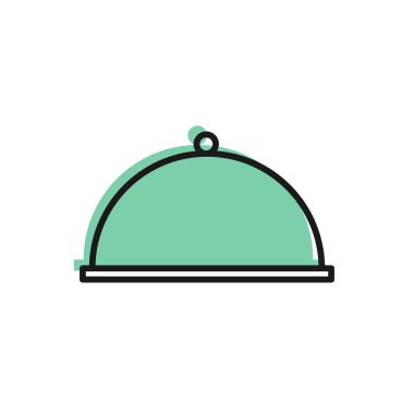 Beyaz arka planda izole edilmiş bir tepsi yiyecek ikonu ile kaplanmış siyah çizgi. Tepsi ve kapak. Kapaklı bir restoran saati. Mutfak eşyaları sembolü. Vektör İllüstrasyonu