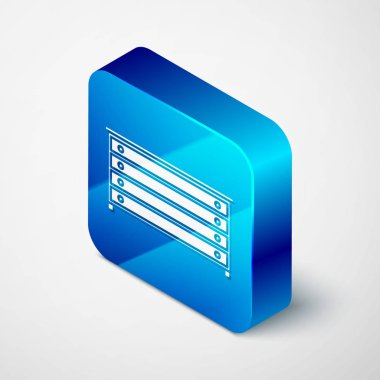 Beyaz arkaplanda Isometric Chest çekmece simgesi izole edildi. Mavi kare düğme. Vektör İllüstrasyonu