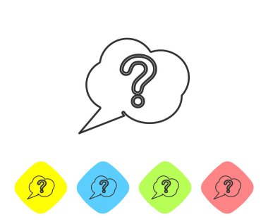 Grey line Speech bubble and Question icon isolated on white background. FAQ sign. Copy files, chat speech bubble and chart. Set icons in color rhombus buttons. Vector Illustration