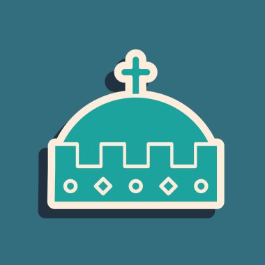 Yeşil Kral taç simgesi mavi arkaplanda izole edildi. Uzun gölge tarzı. Vektör İllüstrasyonu