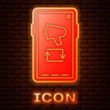 Glowing neon Spread the word, megaphone on mobile phone icon isolated on brick wall background.  Vector Illustration
