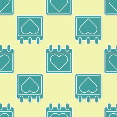 Kalp ikonuna sahip Yeşil Takvim sarı arka planda izole edilmiş pürüzsüz desen. Sevgililer Günü. Aşk sembolü. 14 Şubat. Vektör İllüstrasyonu
