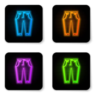Parlayan neon pantolon simgesi beyaz arkaplanda izole edildi. Siyah kare düğme. Vektör İllüstrasyonu