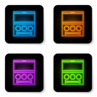 Glowing neon Eye shadow palette with brush icon isolated on white background. Black square button. Vector Illustration