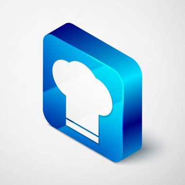 Beyaz arkaplanda izole edilmiş Isome Chef şapka simgesi. Aşçılık sembolü. Aşçı şapkası. Mavi kare düğme. Vektör İllüstrasyonu