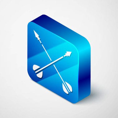 Isometric Ortaçağ çapraz ok simgesi beyaz arkaplanda izole edildi. Ortaçağ silahı. Mavi kare düğme. Vektör İllüstrasyonu