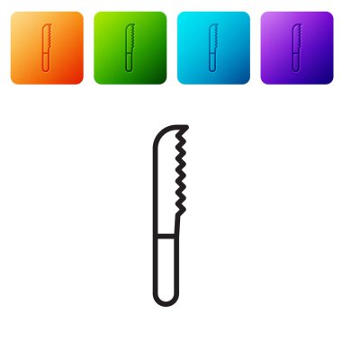 Siyah çizgi ekmek bıçağı ikonu beyaz arkaplanda izole edilmiş. Çatal bıçak sembolü. Renkli kare düğmelerle simgeleri ayarla. Vektör İllüstrasyonu
