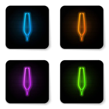 Parlayan neon kaşlı cımbız simgesi beyaz arkaplanda izole edilmiş. Saçlar için kozmetik cımbız. Siyah kare düğme. Vektör İllüstrasyonu