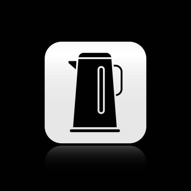 Siyah arka planda ikonu olan siyah çaydanlık. Çaydanlık ikonu. Gümüş kare düğme. Vektör İllüstrasyonu