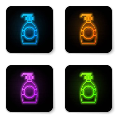 Glowing neon Bottle of liquid antibacterial soap with dispenser icon isolated on white background. Disinfection, hygiene, skin care concept. Black square button. Vector Illustration