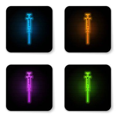 Beyaz arka planda izole parlayan neon Şırınga simgesi. Aşı, aşı, enjeksiyon, grip aşısı için şırınga. Tıbbi ekipmanlar. Siyah kare düğme. Vektör İllüstrasyonu