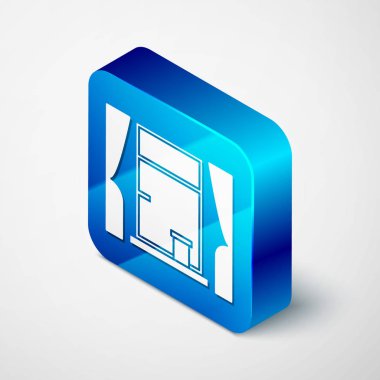 Isometric Window with curtains in the room icon isolated on white background. Blue square button. Vector Illustration