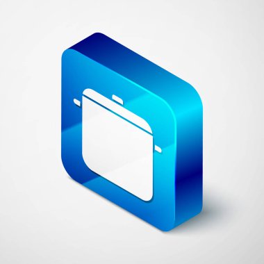 Beyaz arkaplanda izole edilmiş Isometric Yemek Tenceresi simgesi. Haşlama ya da güveç besin sembolü. Mavi kare düğme. Vektör İllüstrasyonu