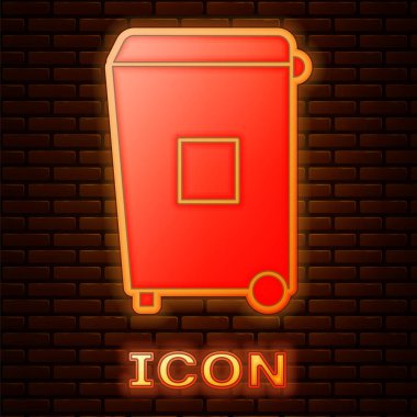 Parlayan neon çöp kutusu simgesi tuğla duvar arka planında izole edildi. Çöp kutusu tabelası. Sepet simgesini geri dönüştür. Ofis çöpü ikonu. Vektör İllüstrasyonu