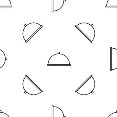 Gri çizgi, beyaz arka planda izole edilmiş yemek ikonu tepsisiyle kaplıydı. Tepsi ve kapak. Kapaklı bir restoran saati. Mutfak eşyaları sembolü. Vektör İllüstrasyonu