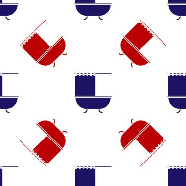 Blue and red Bathtub with open shower curtain icon isolated seamless pattern on white background.  Vector Illustration