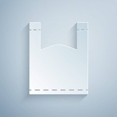 Kağıt kesiği Gri arkaplanda plastik torba simgesi izole. Tek kullanımlık selofan ve politen paket yasaklama işareti. Kağıt sanatı tarzı. Vektör İllüstrasyonu