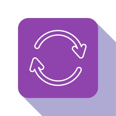 Beyaz çizgi Refresh simgesi beyaz arkaplanda izole edildi. Sembolü yeniden yükle. Döndürme okları daire işareti şeklinde. Mor kare düğme. Vektör İllüstrasyonu