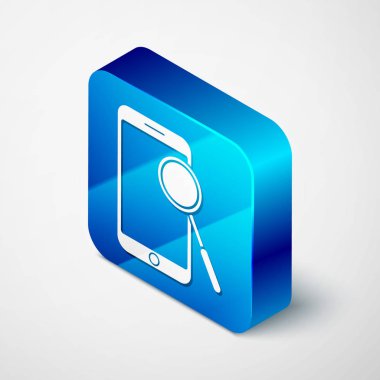 Beyaz arkaplanda Isometric Mobile telefon tanılama simgesi izole edildi. Uygulama, servis, ayar seçenekleri, bakım, onarım, onarım. Mavi kare düğme. Vektör İllüstrasyonu