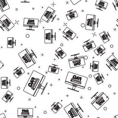 Metin Faq bilgi simgesi ile siyah çizgi bilgisayar monitörü beyaz arkaplanda izole edilmiş pürüzsüz desen. Sık sık sorulan sorular. Vektör İllüstrasyonu