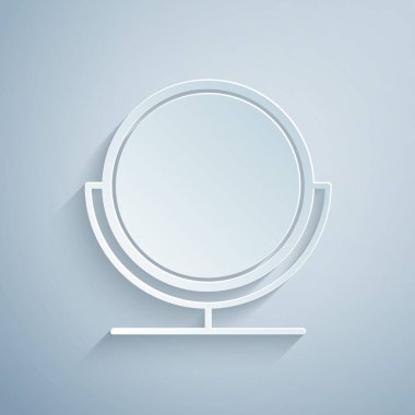 Kağıt kesiği, gri arkaplanda izole edilmiş yuvarlak makyaj aynası ikonu. Kağıt sanatı tarzı. Vektör İllüstrasyonu