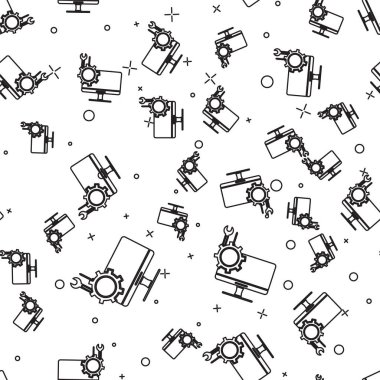 Siyah çizgi bilgisayar monitörü tornavida ve ingiliz anahtarı simgesi beyaz arkaplanda izole edilmiş. Ayarlama, servis, ayar, bakım, onarım. Vektör İllüstrasyonu