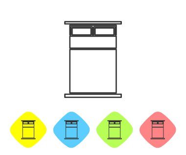 Gri çizgi. Beyaz arka planda iki ya da bir kişi için büyük yatak. Renkli eşkenar dörtgen düğmelerine simgeleri yerleştir. Vektör İllüstrasyonu