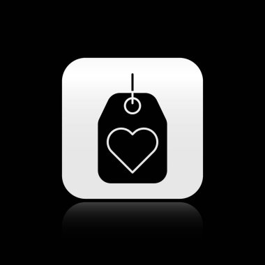 Kara Kalp etiketi simgesi siyah arkaplanda izole edildi. Aşk sembolü. Sevgililer Günü sembolü. Gümüş kare düğme. Vektör İllüstrasyonu