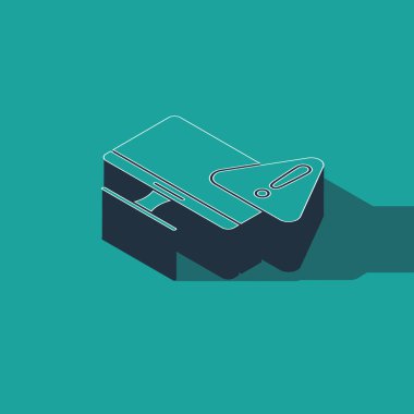 Yeşil arkaplanda ünlem simgesi olan Isometric Bilgisayar monitörü. Uyarı mesajı akıllı telefon uyarısı. Vektör İllüstrasyonu