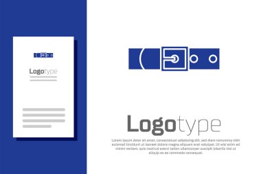 Beyaz arka planda izole edilmiş düğmeli çelik toka ikonu olan mavi deri kemer. Logo tasarım şablonu elemanı. Vektör İllüstrasyonu