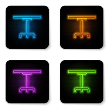 Parlayan neon yuvarlak masa simgesi beyaz arkaplanda izole edildi. Siyah kare düğme. Vektör İllüstrasyonu