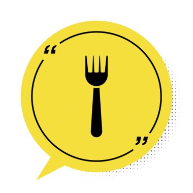 Siyah tek kullanımlık plastik çatal simgesi beyaz arkaplanda izole edilmiş. Sarı konuşma balonu sembolü. Vektör İllüstrasyonu