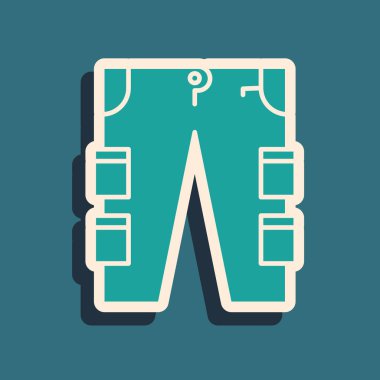 Mavi arkaplanda yeşil kargo pantolon simgesi var. Uzun gölge tarzı. Vektör İllüstrasyonu