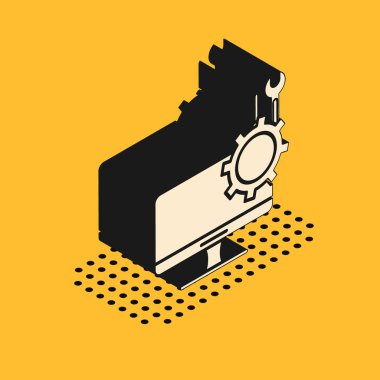 Sarı arkaplanda izole edilmiş tornavida ve anahtar ikonlu Isometric Bilgisayar monitörü. Ayarlama, servis, ayar, bakım, onarım. Vektör İllüstrasyonu