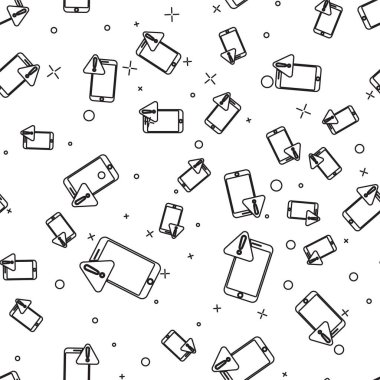 Ünlem simgesi simgesi olan siyah çizgi cep telefonu beyaz arka planda izole edilmiş kusursuz desen. Uyarı mesajı akıllı telefon uyarısı. Vektör İllüstrasyonu