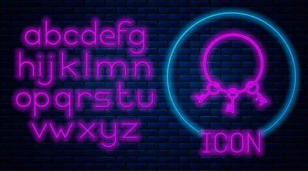 Ragyogó Neon Régi Kulcsok Ikon Elszigetelt Téglafal Háttér Neonfény Ábécé — Stock Vector