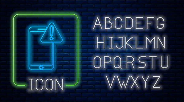 Сяючий Неоновий Мобільний Телефон Значком Оклику Ізольований Фоні Цегляної Стіни — стоковий вектор