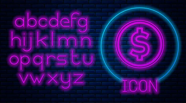 Žhnoucí Neon Mince Peníze Ikonou Symbolu Dolaru Izolované Pozadí Cihlové — Stockový vektor